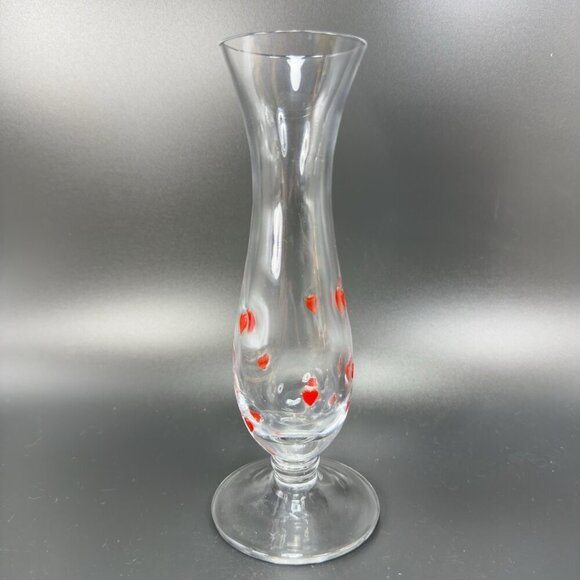 Vintage Clear Glass Vase Vessel Clear Glass With Red Fused Hearts Footed Vase - Picture 1 of 12